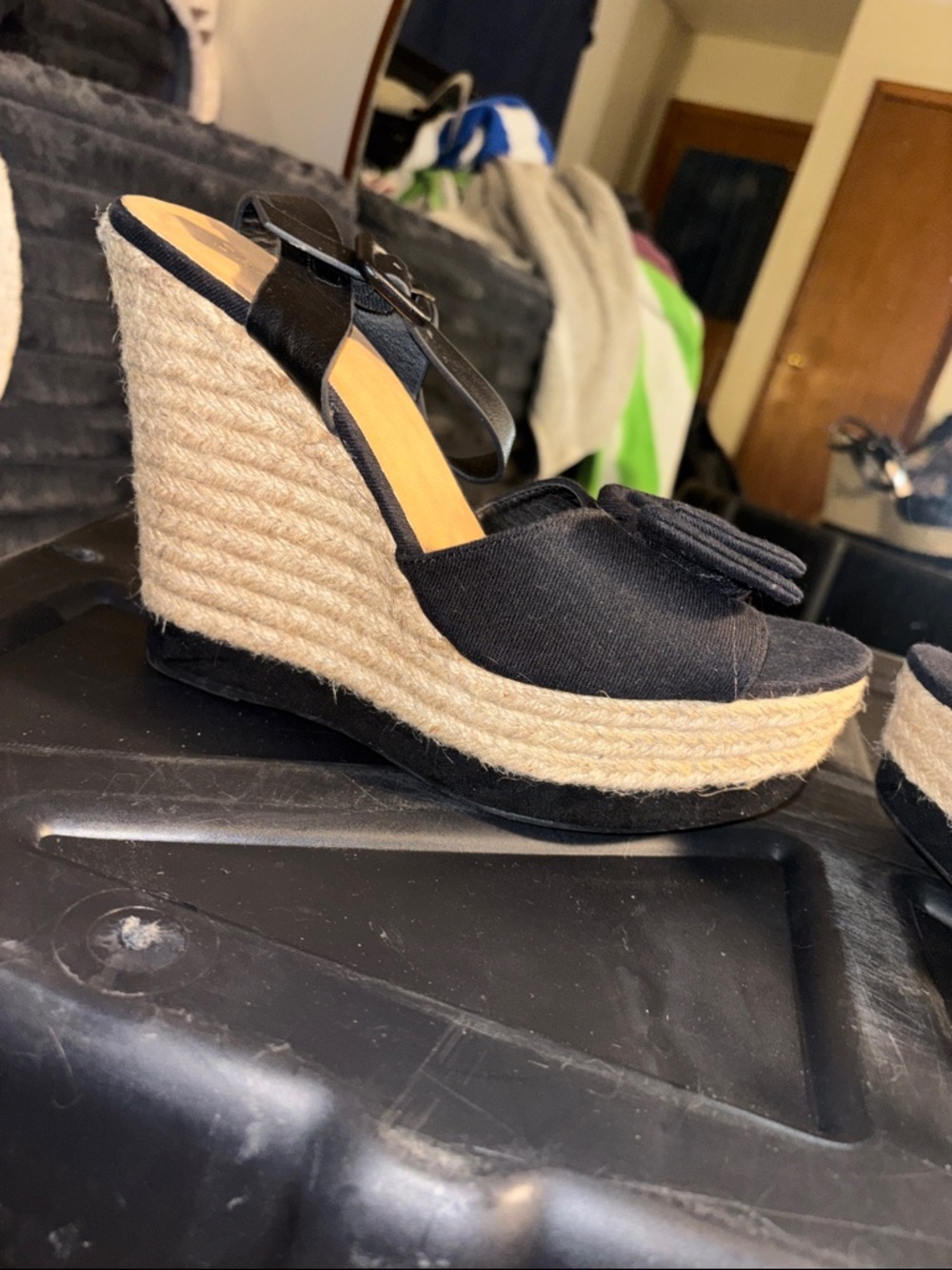 BAMBOO Black Espadrille Wedge Mules with Jute Platform